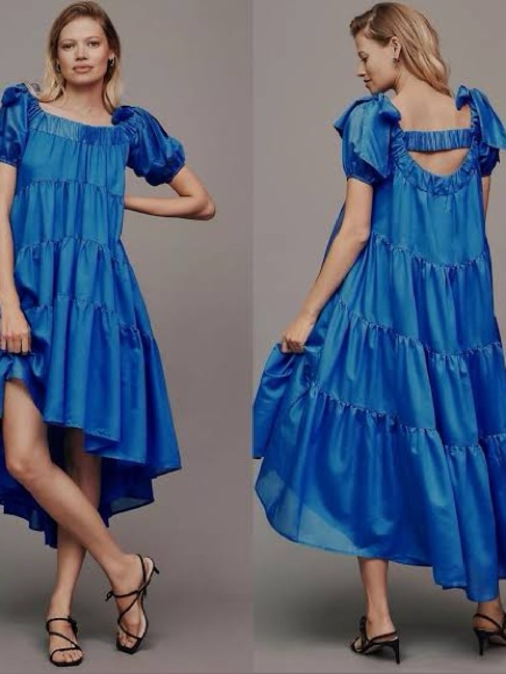 Anthropologie Blue Off-Shoulder Tiered High-Low Dress